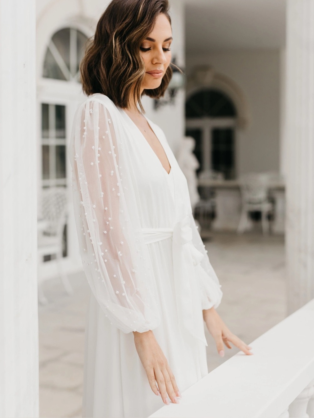 Bridal Getting Ready Robe | Le Rose Sophia Hand Beaded Pearl Sleeve Maxi Robe